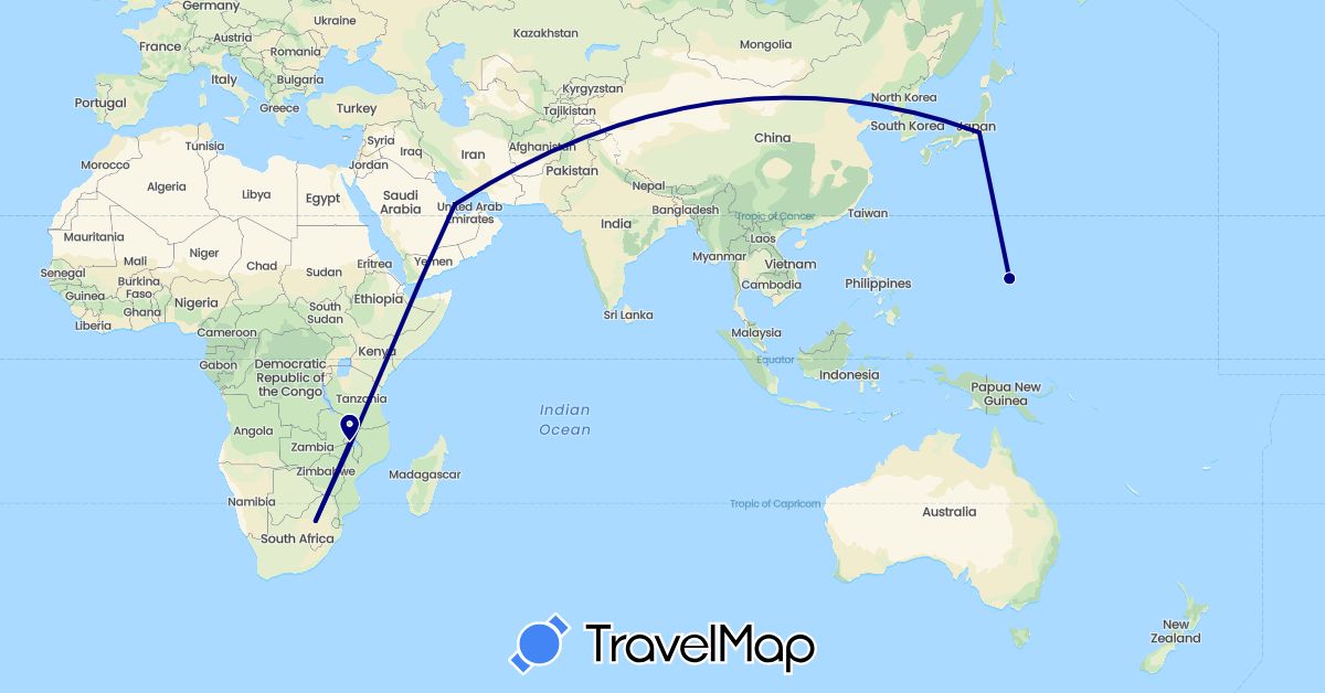 TravelMap itinerary: driving in Japan, Malawi, Qatar, United States, South Africa (Africa, Asia, North America)